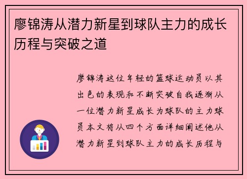 廖锦涛从潜力新星到球队主力的成长历程与突破之道